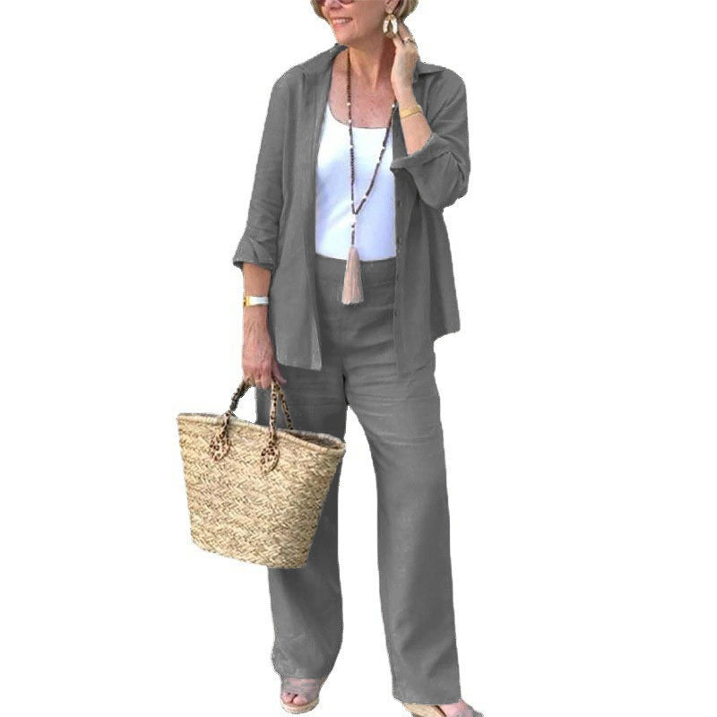 Ensemble Femme Deux Pièces – Lin Mélangé – Coupe Ample – Chemise Ouverte & Pantalon Large