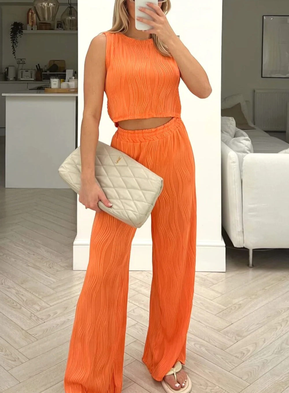 Ensemble femme deux pièces – Crop top sans manches ajusté – Pantalon taille haute fluide