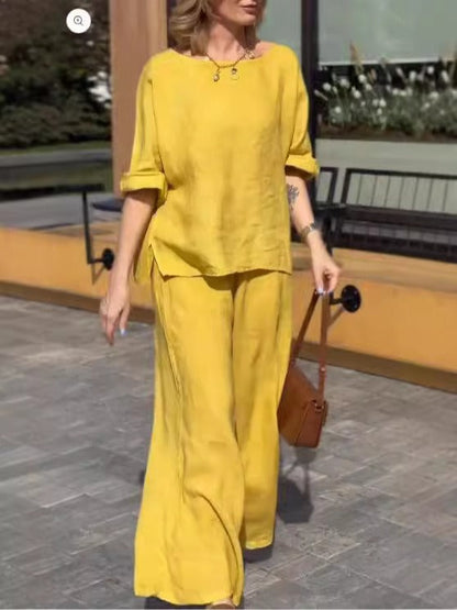 Ensemble Femme Deux Pièces – Lin Coton – Coupe Décontractée – Pantalon Large – Haut Manches Courtes