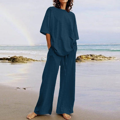 Ensemble femme deux pièces – Haut ample col rond – Pantalon large avec poches