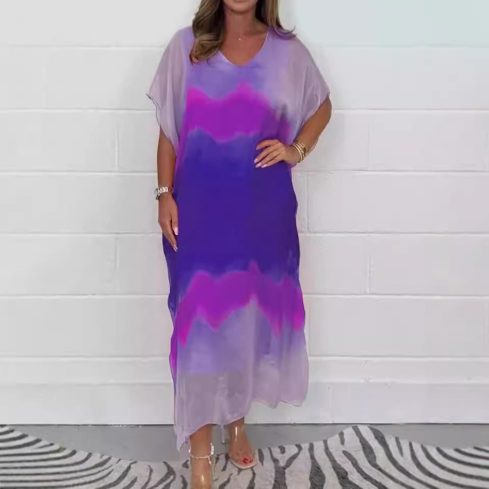 Robe longue femme – Coupe fluide – Col en V – Manches courtes – Dégradé ombré – Chiffon