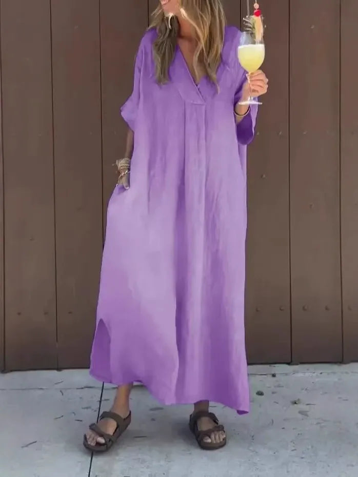 Robe longue femme – Coton – Coupe ample – Manches courtes – Col en V