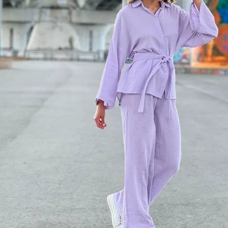 Ensemble détente femme – Tricot gaufré – Coupe ample – Haut boutonné – Pantalon large