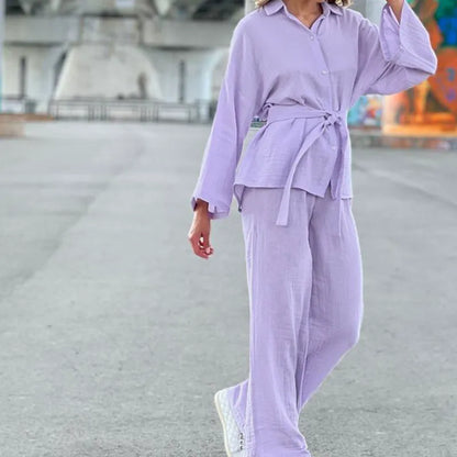 Ensemble détente femme – Tricot gaufré – Coupe ample – Haut boutonné – Pantalon large