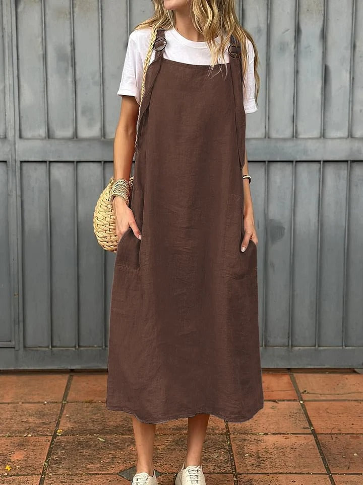 Robe femme – Lin léger – Coupe décontractée – Bretelles réglables – Longueur midi – Poches avant