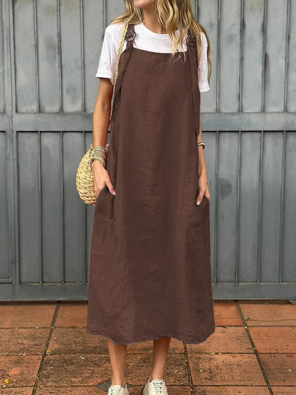 Robe femme – Lin léger – Coupe décontractée – Bretelles réglables – Longueur midi – Poches avant