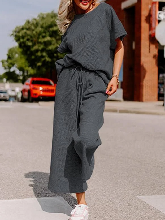 Ensemble Femme Décontracté – Maille Douce – Haut Ample Manche Courte – Pantalon Large