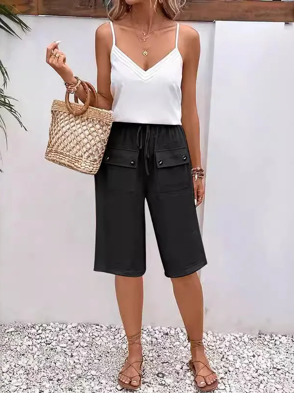 Pantalon Femme Mi-long – Coupe Ample – Taille Élastique – Tissu Respirant – Cordon