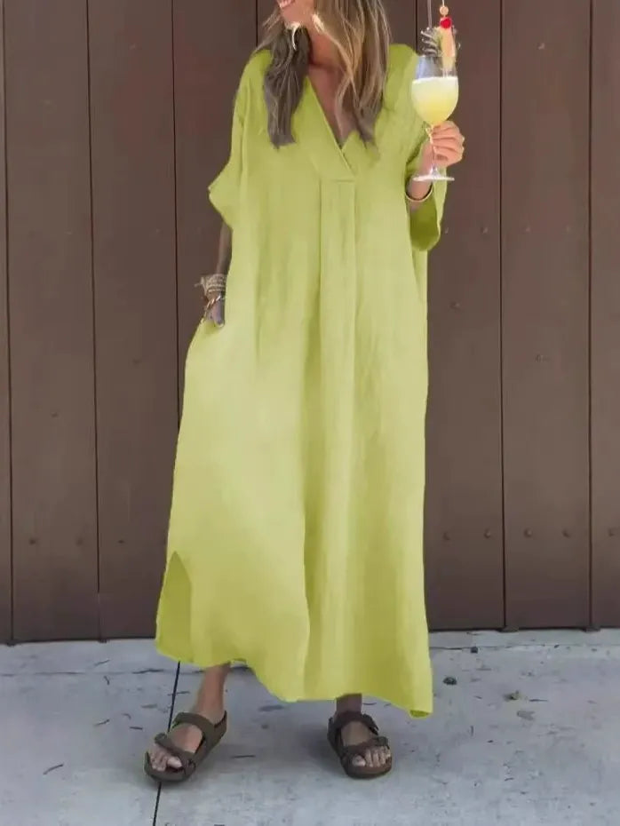Robe longue femme – Coton – Coupe ample – Manches courtes – Col en V