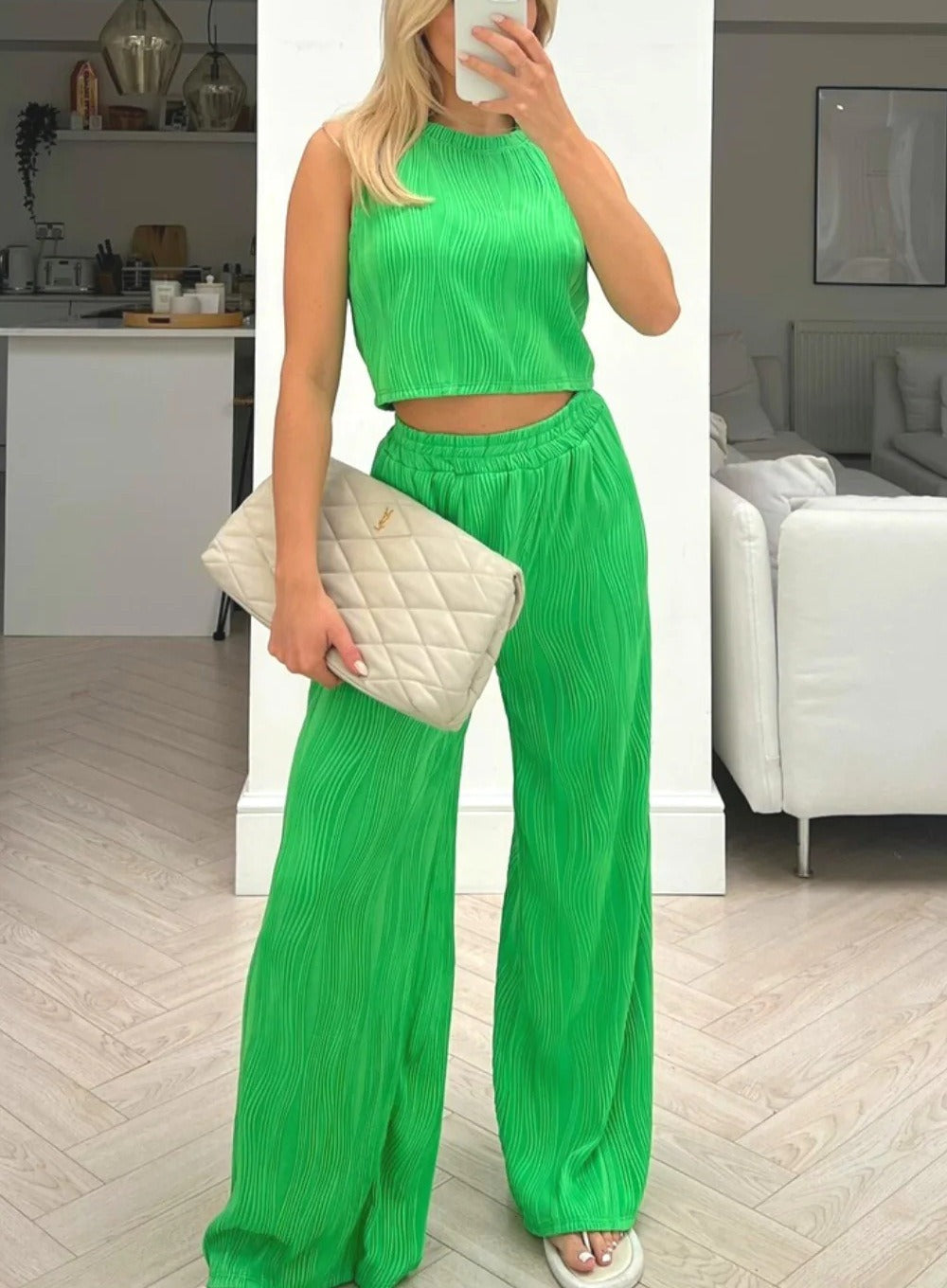 Ensemble femme deux pièces – Crop top sans manches ajusté – Pantalon taille haute fluide