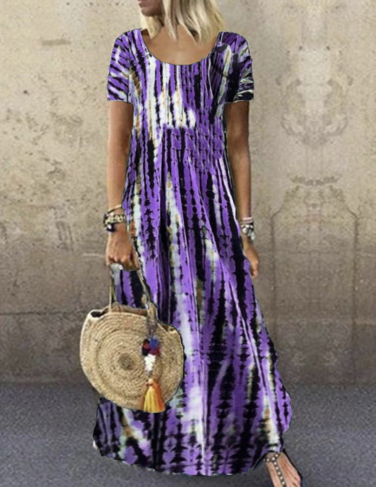 Robe longue femme – Coupe ample – Imprimé tie-dye – Manches courtes