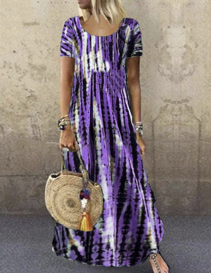 Robe longue femme – Coupe ample – Imprimé tie-dye – Manches courtes