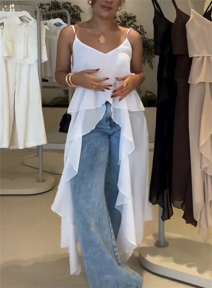 Robe femme – Coupe fluide – Décolleté en V – Bretelles fines – Ourlet asymétrique – Volants superposés