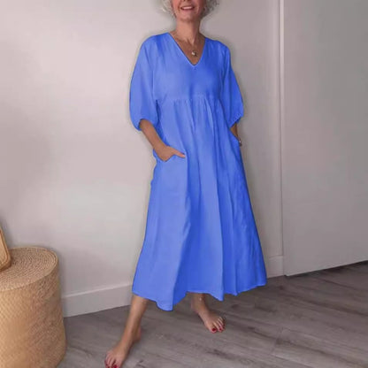 Robe midi femme – Coupe décontractée – Lin et coton – Col V profond – Manches retroussées – Poches
