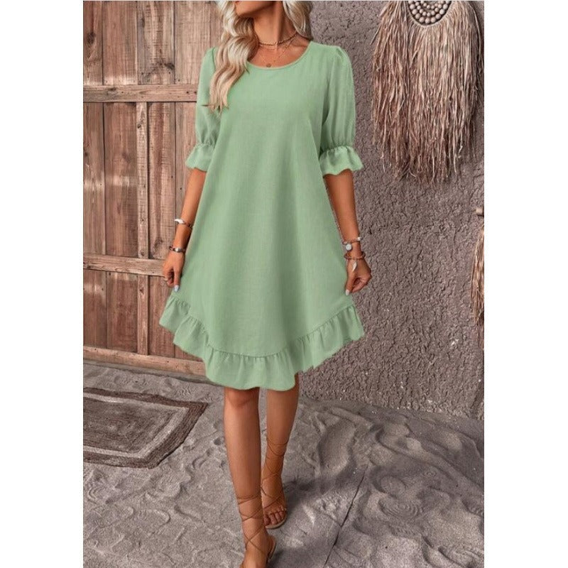 Robe femme évasée – Lin et coton – Coupe ample – Manches mi-longues volantées