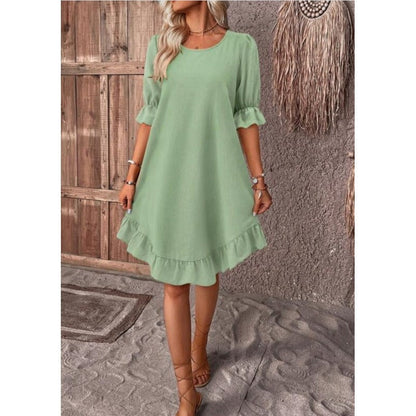 Robe femme évasée – Lin et coton – Coupe ample – Manches mi-longues volantées