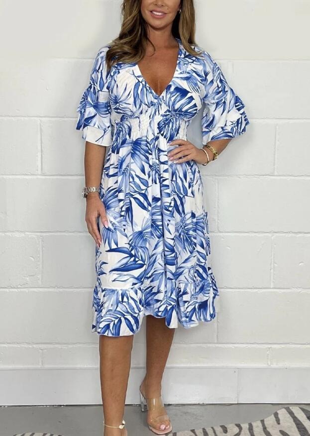 Robe midi femme – Coupe ample – Taille haute – Décolleté en V – Imprimé botanique – Manches à volants