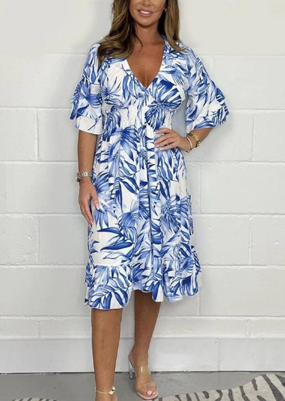 Robe midi femme – Coupe ample – Taille haute – Décolleté en V – Imprimé botanique – Manches à volants
