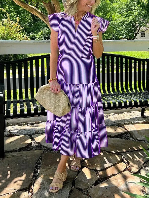 Robe midi femme – coton – coupe fluide – manches volantes – rayures – col V