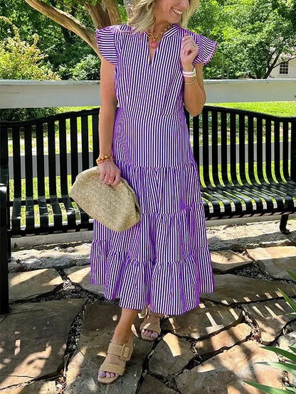 Robe midi femme – coton – coupe fluide – manches volantes – rayures – col V