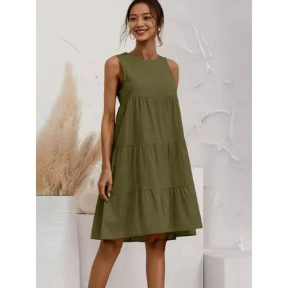 Robe femme sans manches – Lin coton – Coupe ample – Longueur midi à volants