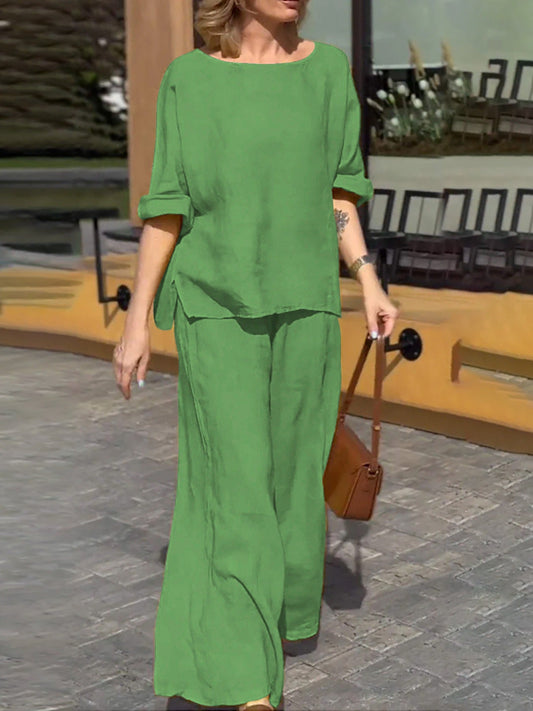 Ensemble Femme Deux Pièces – Lin Coton – Coupe Décontractée – Pantalon Large – Haut Manches Courtes