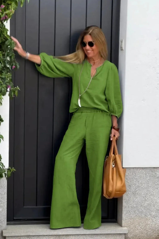 Ensemble haut et pantalon pour femme – Coton et lin – Col en V – Manches 3/4 – Jambe large – Coupe décontractée