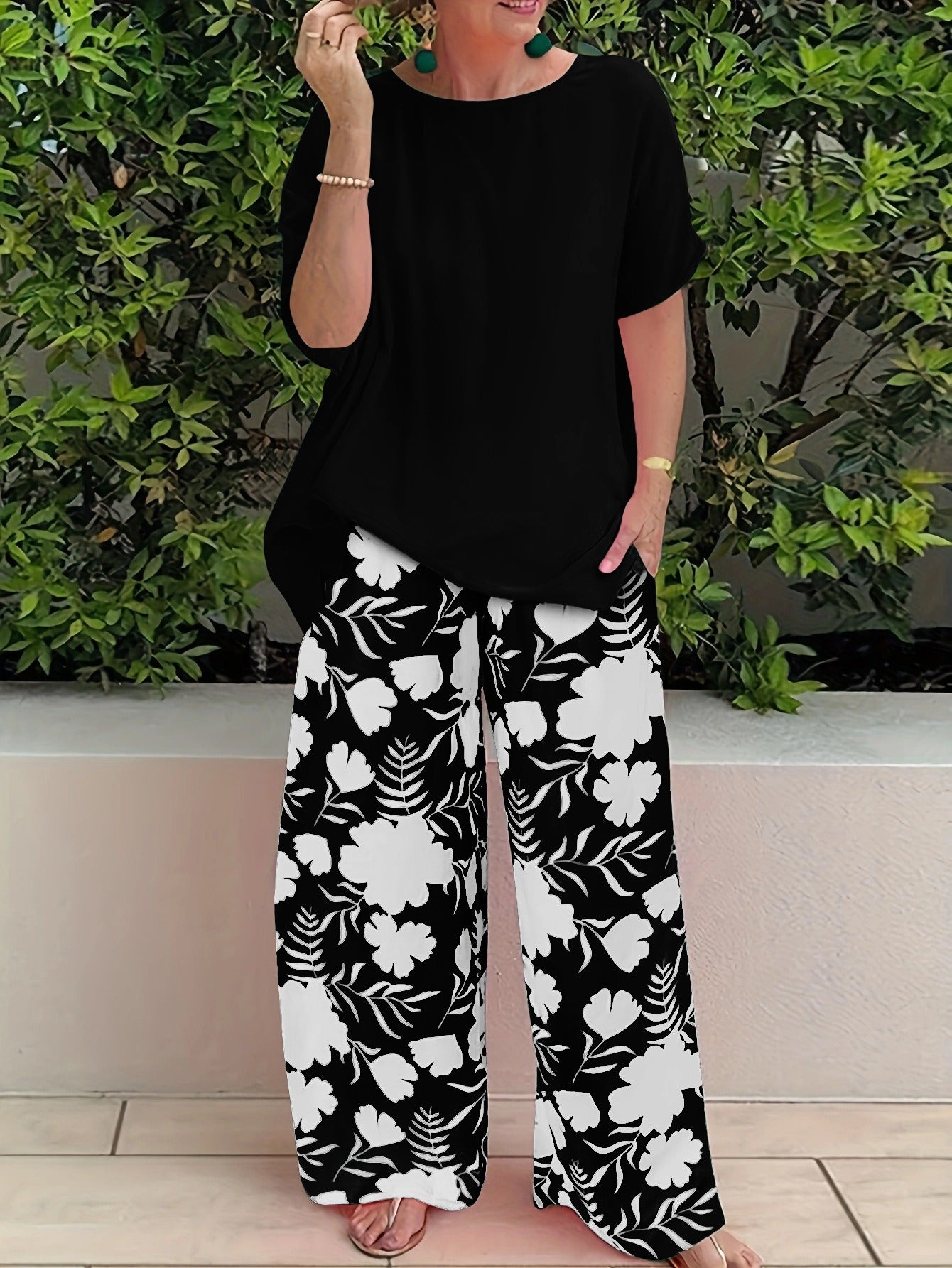 Ensemble pantalon pour femme – Haut coupe décontractée – Pantalon large – Imprimé floral