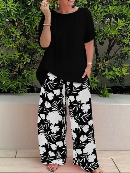 Ensemble pantalon pour femme – Haut coupe décontractée – Pantalon large – Imprimé floral