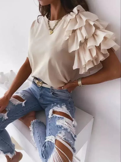 T-shirt femme – Coupe décontractée – Épaule volantée asymétrique – Coton