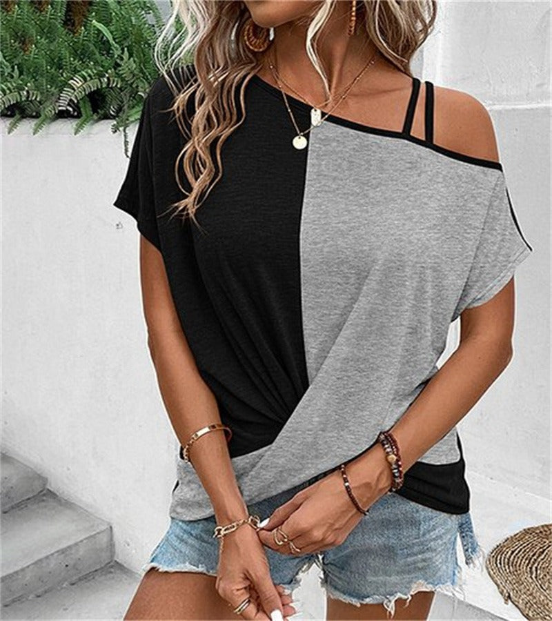 T-shirt femme – Coupe décontractée – Épaules dénudées – Détail nœud – Colorblock