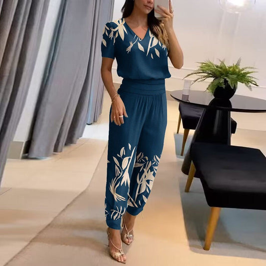 Ensemble Femme Deux Pièces – Haut Col V Manches Courtes – Pantalon Fuselé Relax – Tissu Respirant