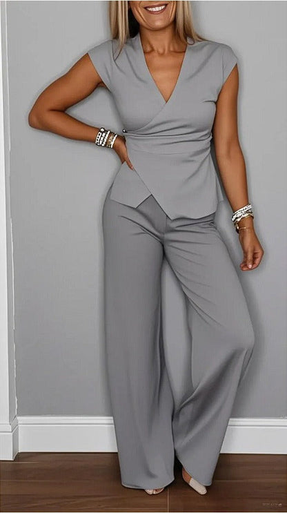 Ensemble Femme Deux Pièces – Haut Cache-Cœur Sans Manches – Pantalon Large Taille Haute
