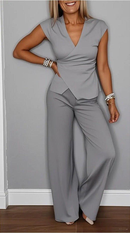 Ensemble Femme Deux Pièces – Haut Cache-Cœur Sans Manches – Pantalon Large Taille Haute