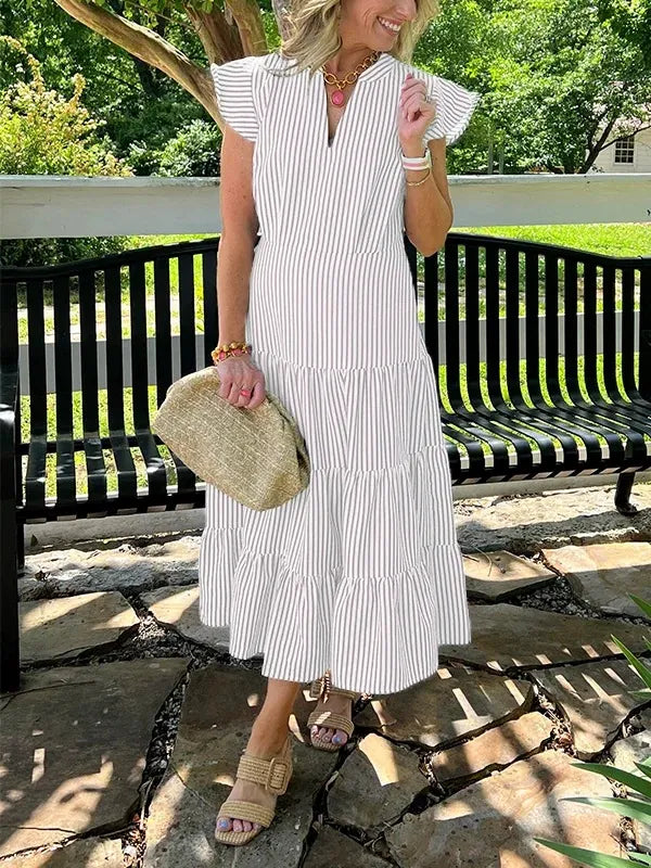 Robe midi femme – coton – coupe fluide – manches volantes – rayures – col V