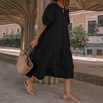 Robe midi femme – Coupe évasée fluide – Coton – Manches bouffantes – Encolure en V