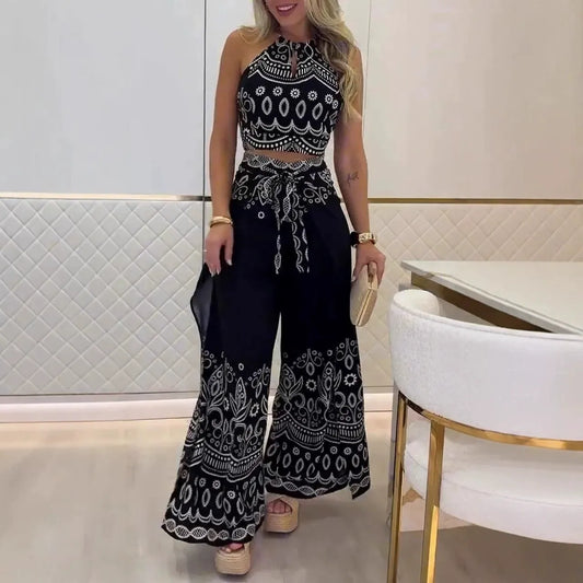 Ensemble Femme – Haut Dos Nu Court et Pantalon Large – Coton – Imprimé Rétro – Taille Nouée