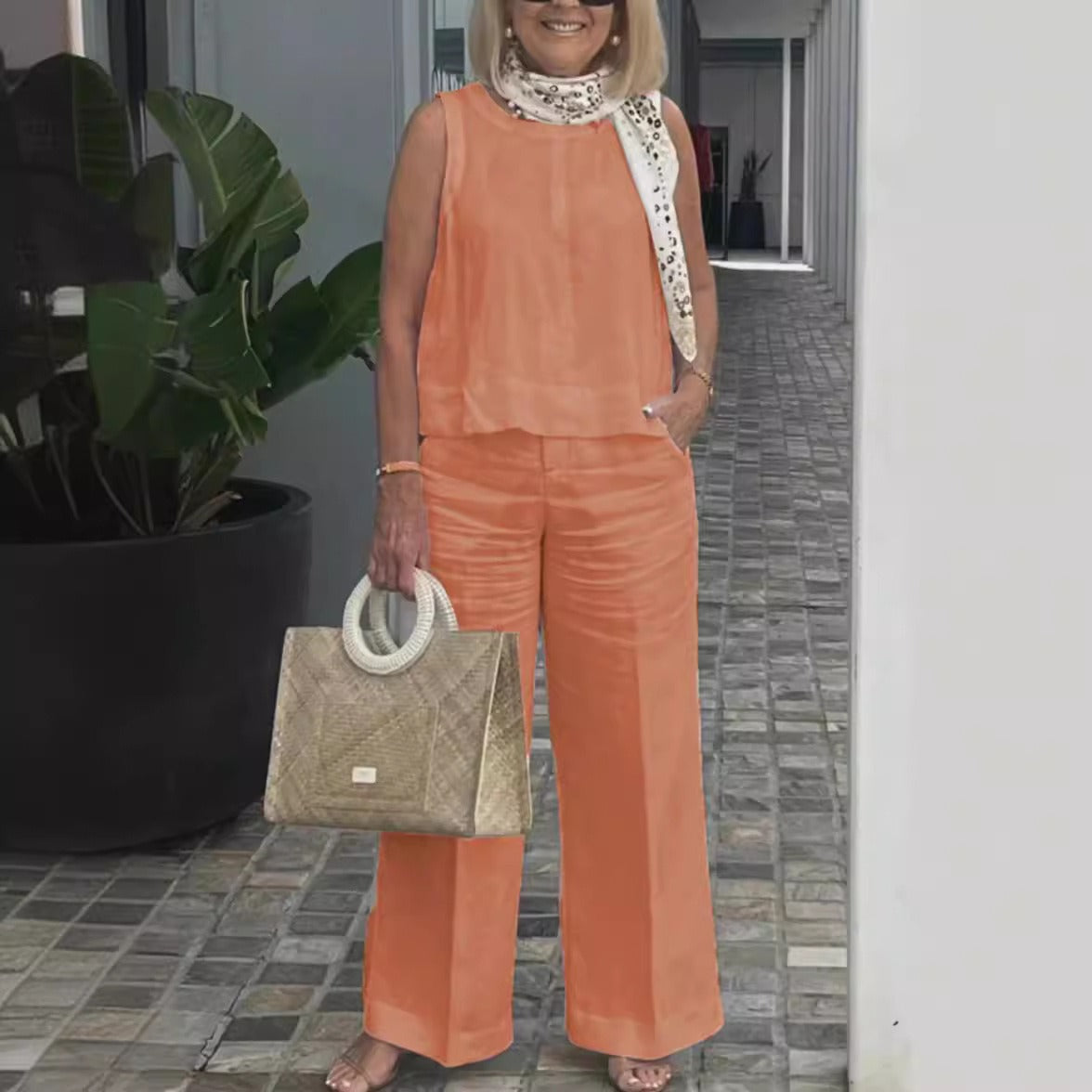Ensemble Femme Deux Pièces – Lin et Coton – Coupe Ample – Top Sans Manches – Pantalon Large