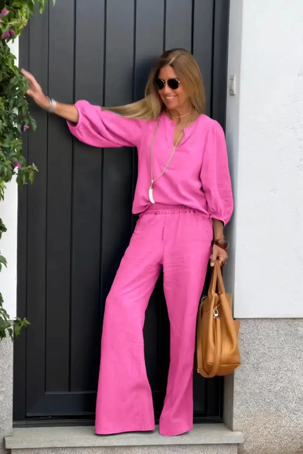 Ensemble haut et pantalon pour femme – Coton et lin – Col en V – Manches 3/4 – Jambe large – Coupe décontractée