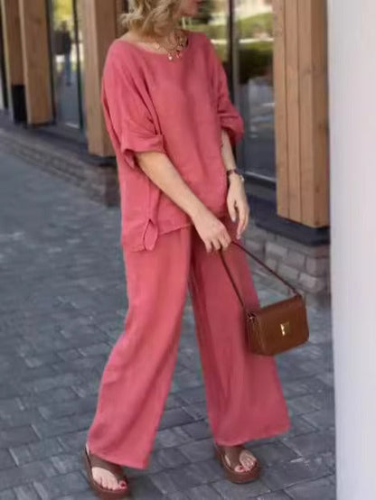 Ensemble Femme Deux Pièces – Lin Coton – Coupe Décontractée – Pantalon Large – Haut Manches Courtes