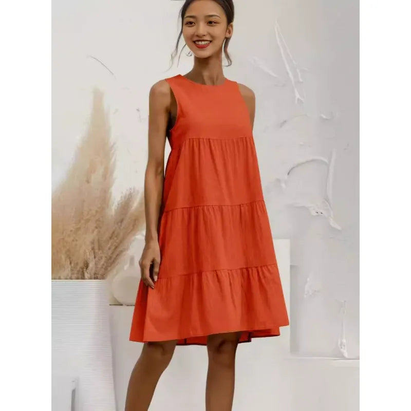 Robe femme sans manches – Lin coton – Coupe ample – Longueur midi à volants