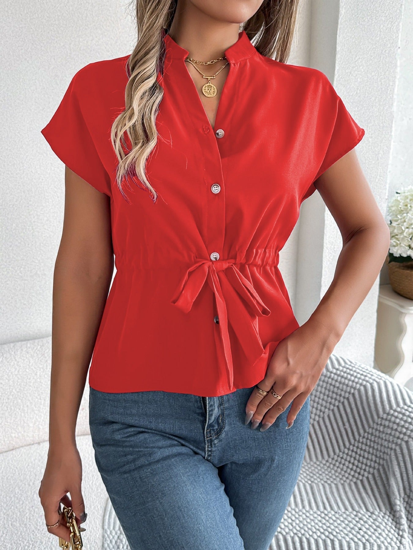 Chemise femme – Coupe décontractée – Manches courtes – Col V – Ceinture à la taille – Boutonnée