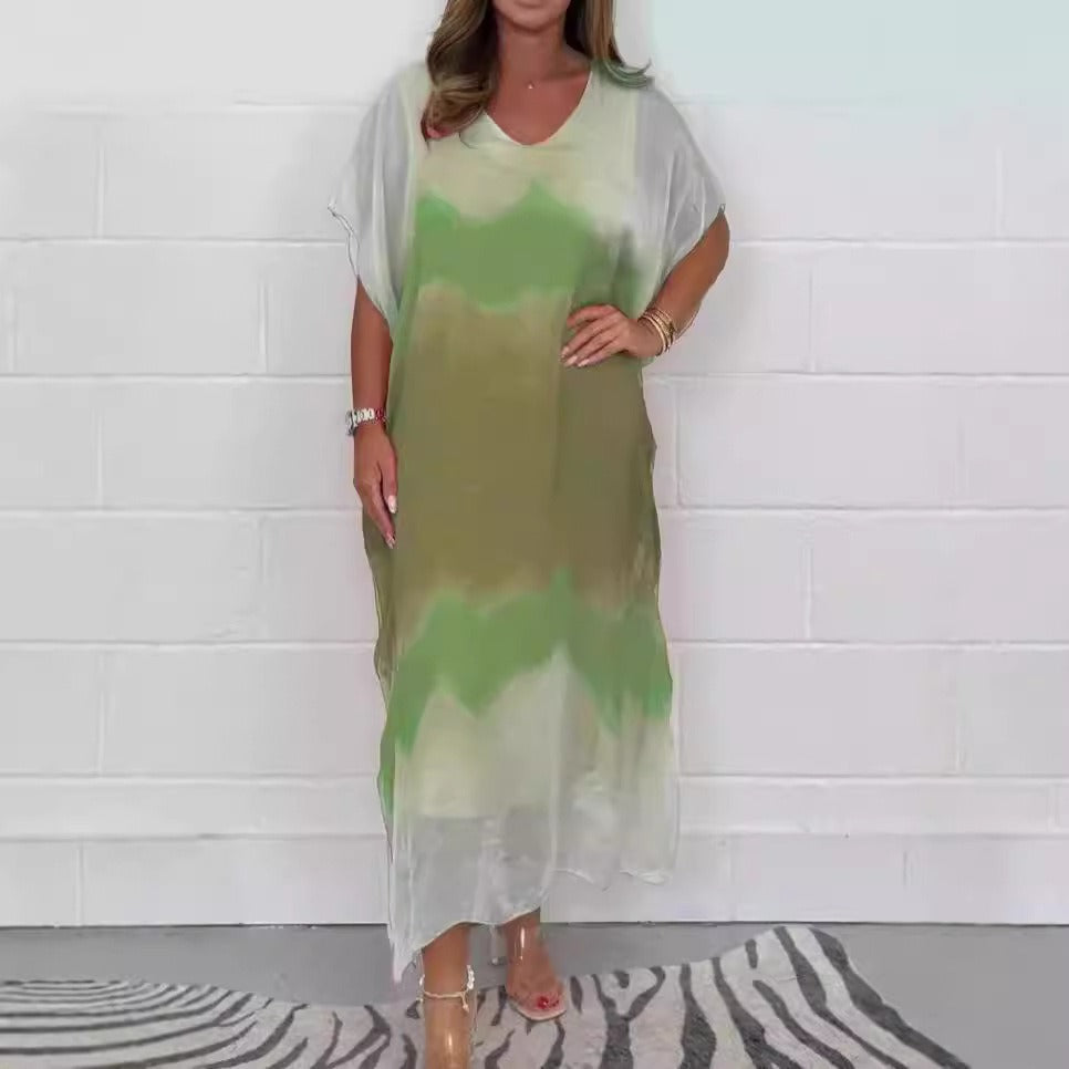 Robe longue femme – Coupe fluide – Col en V – Manches courtes – Dégradé ombré – Chiffon