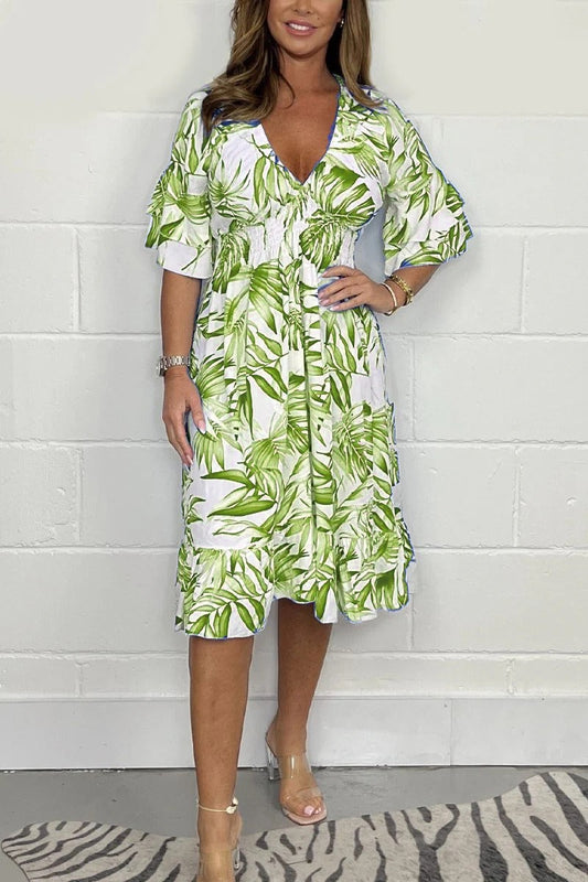 Robe midi femme – Coupe ample – Taille haute – Décolleté en V – Imprimé botanique – Manches à volants