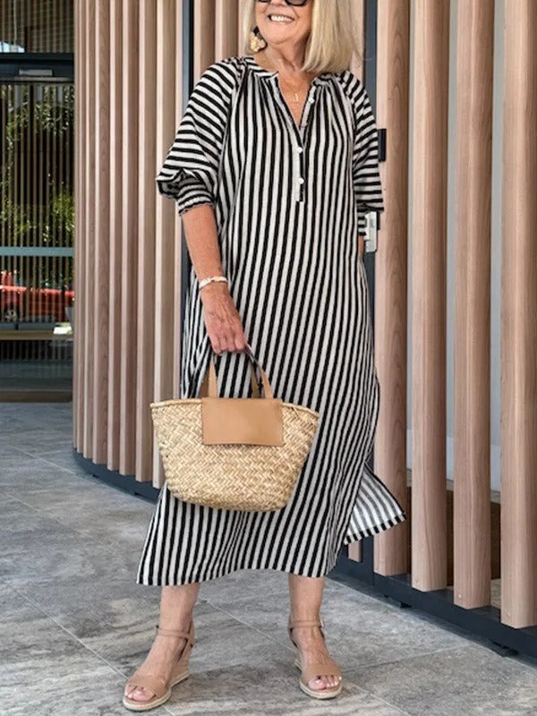 Robe midi femme – Coupe ample – Col en V – Manches volantées – Rayée – Coton