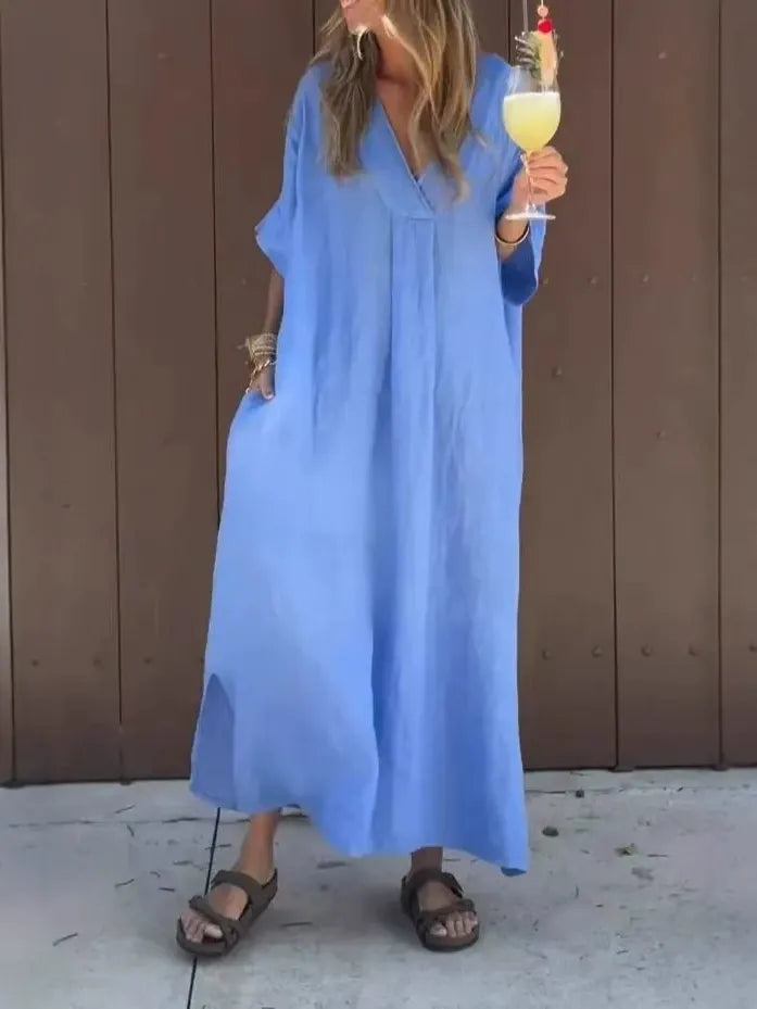 Robe longue femme – Coton – Coupe ample – Manches courtes – Col en V