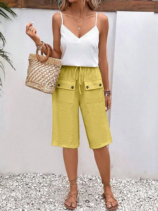 Pantalon Femme Mi-long – Coupe Ample – Taille Élastique – Tissu Respirant – Cordon