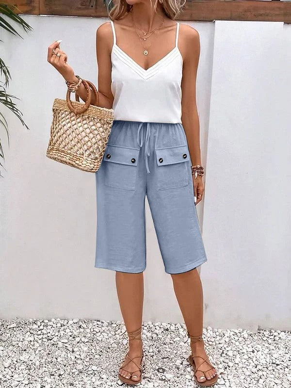 Pantalon Femme Mi-long – Coupe Ample – Taille Élastique – Tissu Respirant – Cordon