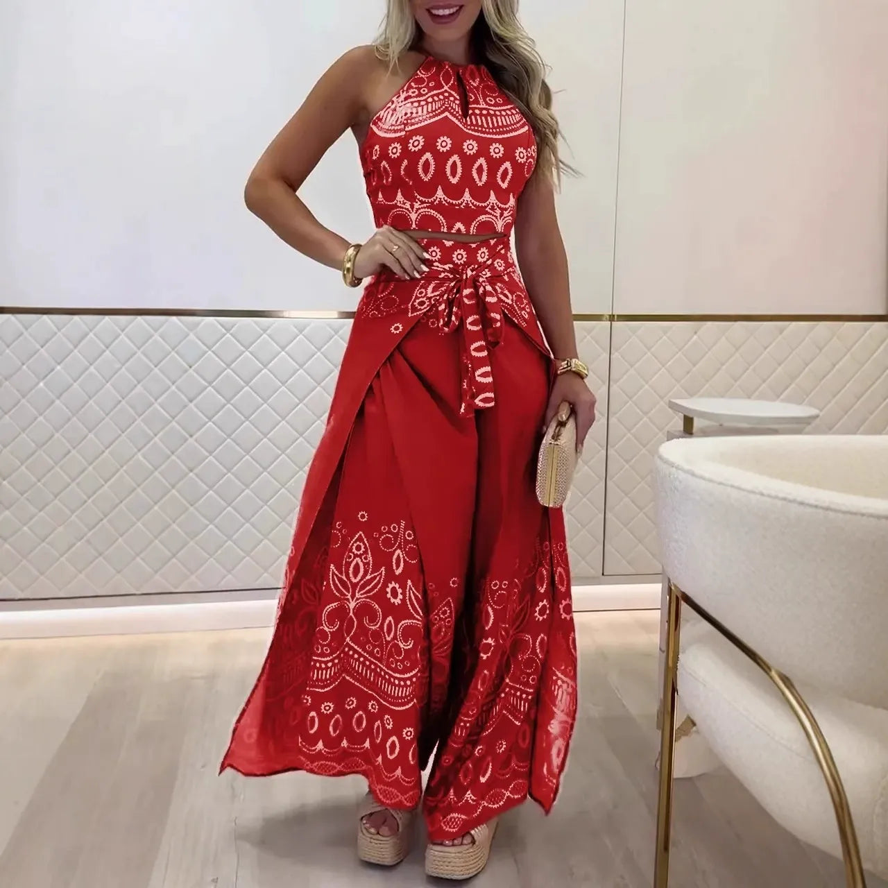 Ensemble Femme – Haut Dos Nu Court et Pantalon Large – Coton – Imprimé Rétro – Taille Nouée