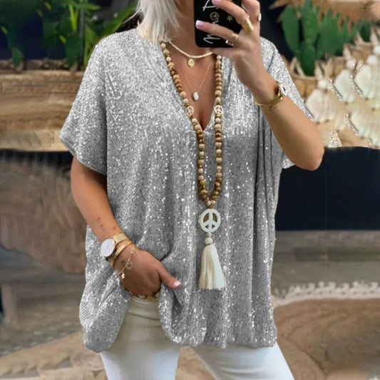 T-shirt femme col V – Coupe décontractée – Manches courtes – Sequins brillants